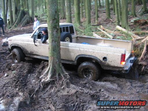 Mud-covered tan Ford F-150 stuck in a muddy forest trail, viewed from the rear passenger side