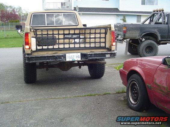 Rear view of a tan Ford F-series truck with a Pro Net tailgate insert. A black lifted truck and a red car are also visible