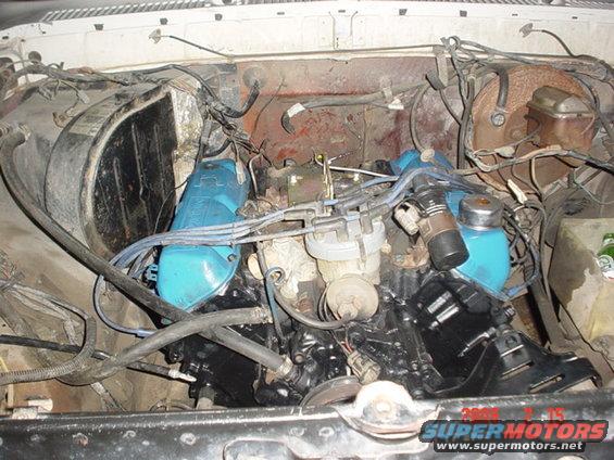 Engine bay with blue valve covers and various hoses and wires