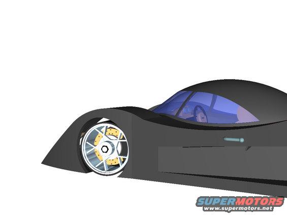Digital rendering of a dark sports car's front quarter, showing a wheel with brake caliper and interior detail