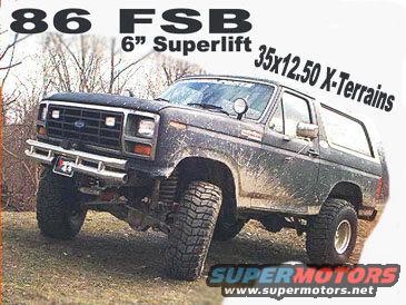 1986 Ford Bronco lifted 6 inches with 35x12.50 X-Terrains tires, front 3/4 view