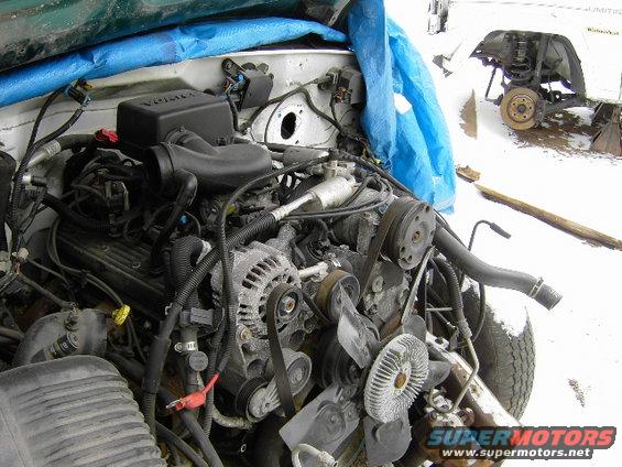 Engine bay with blue tarp covering parts. Another vehicle in background