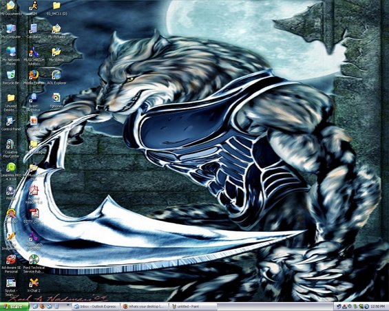 Desktop wallpaper showing a muscular werewolf holding a large blade, with a moon in the background. Icons for Windows applications are visible on the left