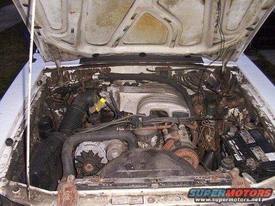 1988 Ford Mustang engine bay with V8 engine, alternator, and battery