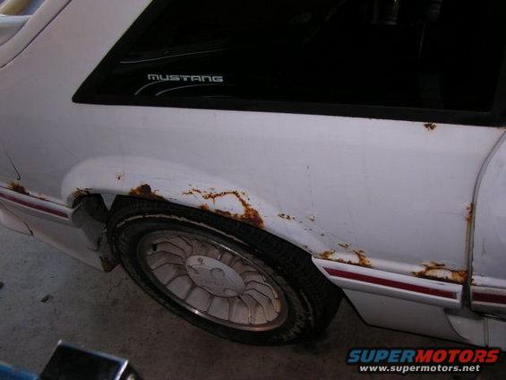 1988 Ford Mustang rear quarter panel with rust and a 'Mustang' decal on the window