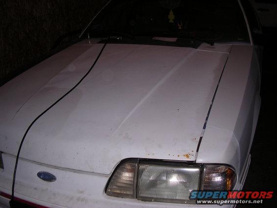 Front view of a white Ford Mustang, likely a 1987 model, with the hood slightly open