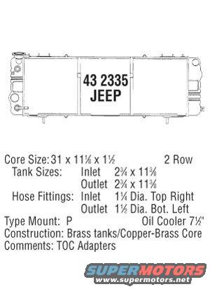 Radiator diagram with part number 43 2335 JEEP and specifications
