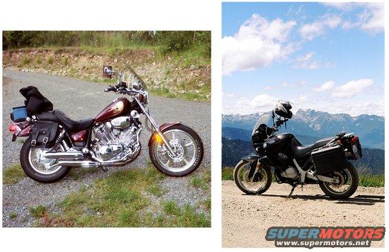 maroon cruiser motorcycle parked on gravel road, black touring motorcycle parked on dirt road with mountains behind