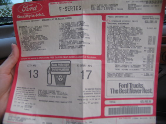 Window sticker for a 1995 Ford F-Series truck with a handwritten VIN and price information