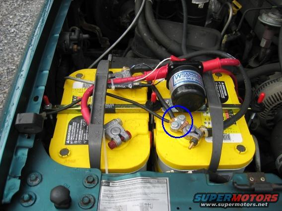 Dual yellow Optima batteries with blue circled terminal connection in engine bay