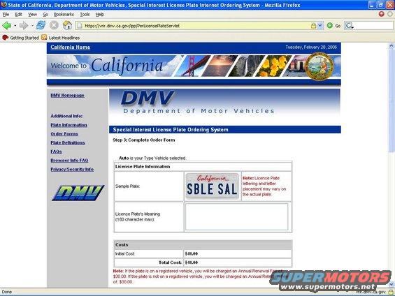 Screenshot of California DMV website for special interest license plate ordering