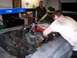 1967 Ford Mustang - Two men work on removing the engine from a 1967 Ford Mustang in a garage.