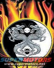 Yin Yang symbol with four dragons, flames behind it, and 'Super Motors' logo at bottom