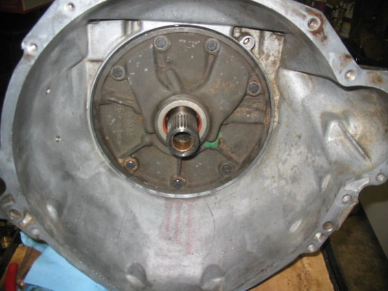 Transmission bell housing with torque converter visible