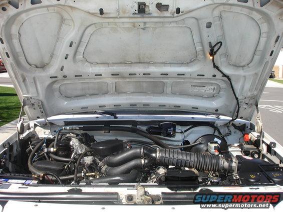 White truck engine bay with hood open. Shows engine, air intake, hoses, and wiring