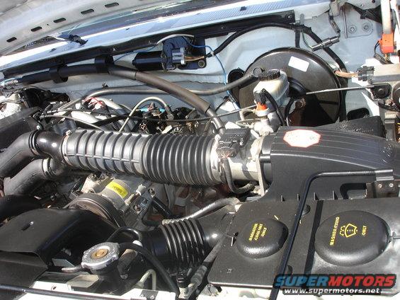 Engine bay with large air intake hose and fluid reservoirs