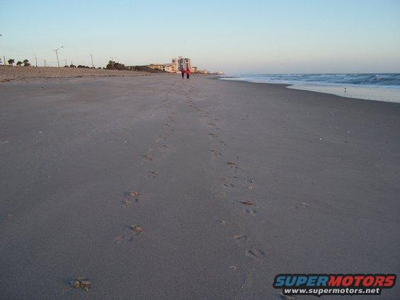 Beach scene with two people walking and footprints in the sand