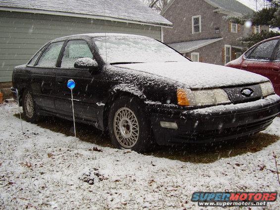 Black sedan covered in snow, parked next to a red car. Houses in background