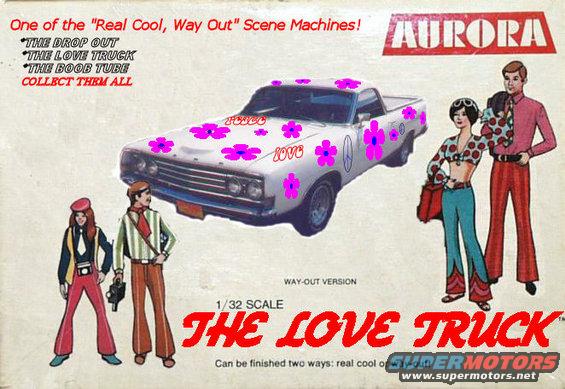 Box art for Aurora's 1/32 scale 'The Love Truck' model kit, a decorated pickup truck and two pairs of stylized figures