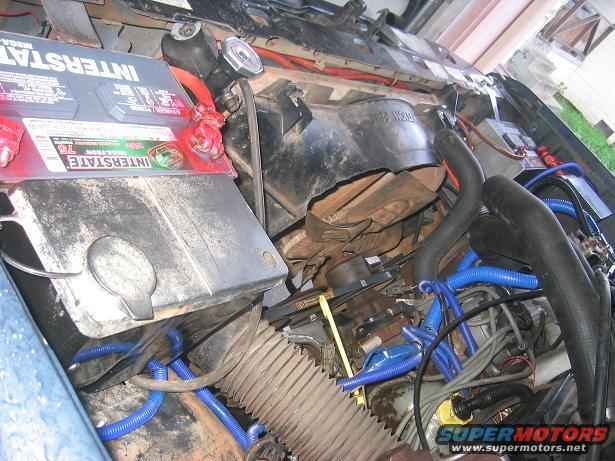 Engine bay with Interstate battery and blue-hosed components