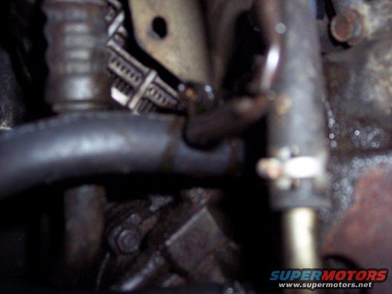 Close-up of a dark engine bay with hoses and metal parts. A clamp is visible on a hose