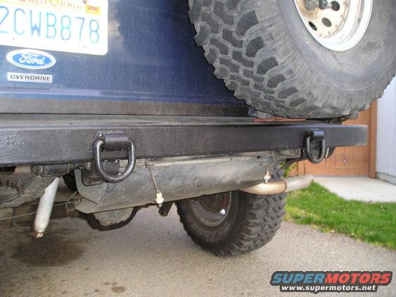 Blue SUV rear bumper with black tow hooks, spare tire, and California license plate