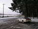 1989 Nissan 300ZX - A white 1989 Nissan 300ZX coupe with a t-top is seen from the rear on a snowy road next to a forest.