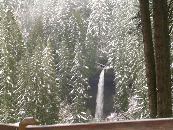 waterfall cascading down a cliff face surrounded by snow-covered evergreen trees