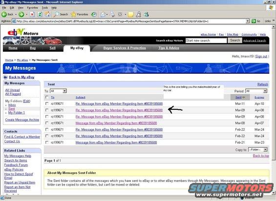 eBay messages interface showing sent emails