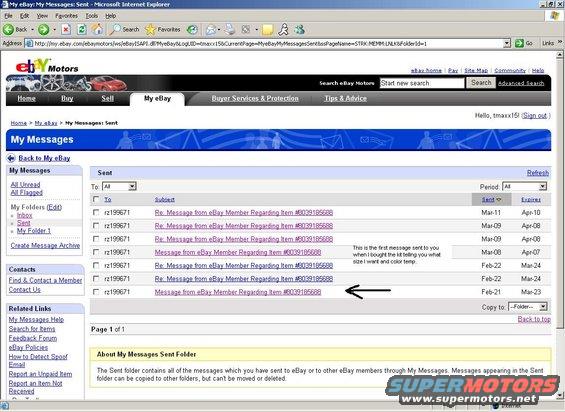 Screenshot of an eBay messages sent folder showing a list of messages