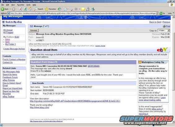 Screenshot of an eBay message interface showing a conversation about HID conversion kits