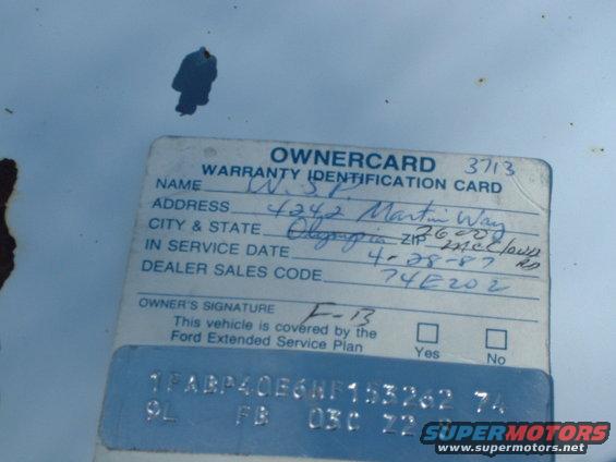Owner card with name, address, city, state, in-service date, dealer sales code, and owner's signature. Also shows VIN and other codes