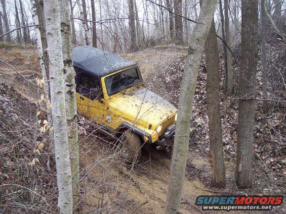 Yellow Jeep Wrangler on a muddy trail, front-right tire stuck in mud, trees and branches surrounding