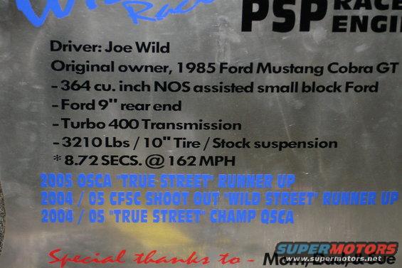 Document listing specifications for a 1985 Ford Mustang Cobra GT, including engine, rear end, transmission, weight, and race times