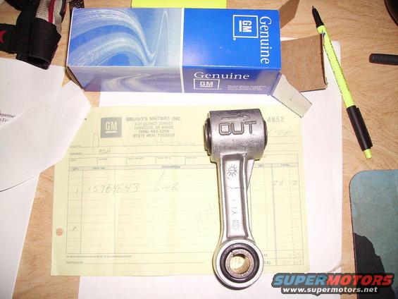 GM Genuine Parts box and a metal suspension link part with a receipt from Bruno's Motors Inc