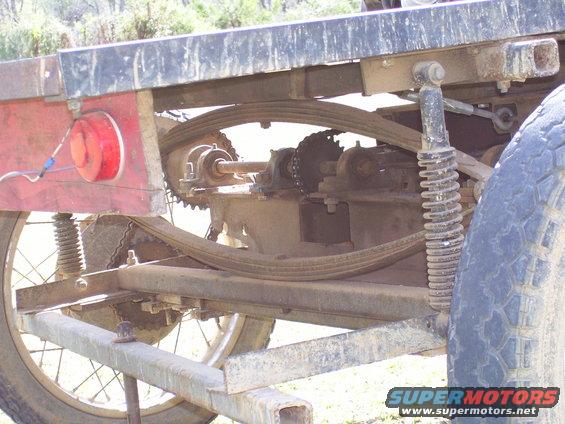 Close-up of a vehicle's rear axle, leaf springs, chain drive, and shock absorber