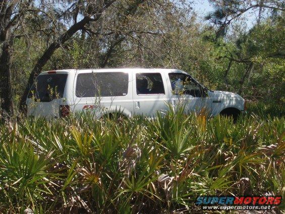 White 2000 Ford Excursion parked off-road in tall grass and trees