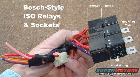 relayblock.jpg Relay Blocks 

These slide-together relay sockets are from a cheap aftermarket alarm, but they can be used for almost anything.  These standard Bosch/ISO relays have mounting tabs, but not all do.  All share a pinout, including pin numbers.  The relay coil is between pins 85 & 86.  The common power contact is pin 30; normally closed (NC) is 87a (if present); normally open (NO) is 87.  The standard rating is 30A, but higher ratings are available with larger terminals.

See also:
[url=https://www.fordparts.com/FileUploads/CMSFiles/18376%20Pigtail%20Book%202016.pdf]MotorCraft 2016 Wiring Pigtail Guide[/url]

[url=https://www.supermotors.net/registry/media/507187][img]https://www.supermotors.net/getfile/507187/thumbnail/relays1.jpg[/img][/url]