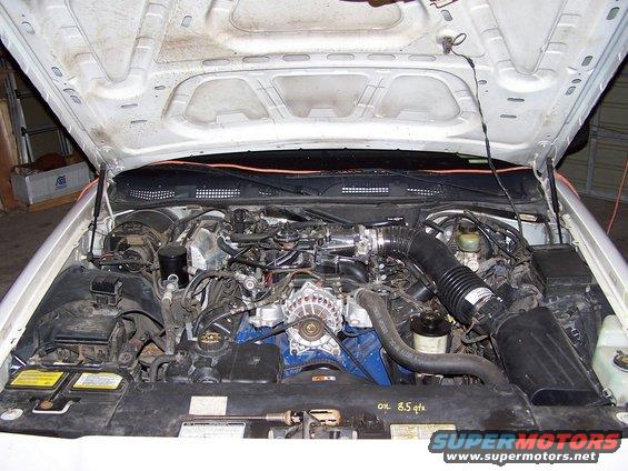 2000 Ford Crown Victoria engine bay with hood open, showing V8 engine, air intake, and battery
