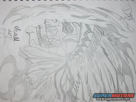 Pencil drawing of a skull with feathered wings and flames. Text reads 'Skull w/ feather'