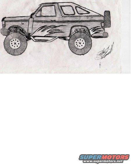 Pencil drawing of a lifted SUV with flame decals and a spare tire on the back