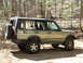 1996 Ford Bronco - This Land Rover Discovery is parked on a dirt path surrounded by trees in a wooded area.