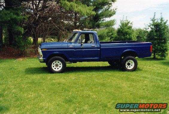 Blue pickup truck with white wheels parked on grass