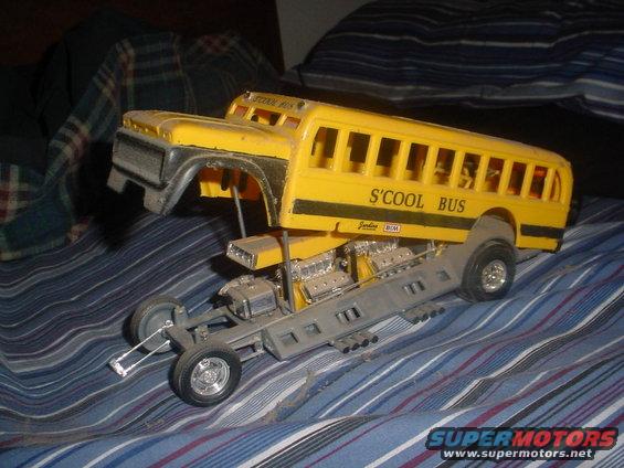 Model school bus body mounted on a drag chassis with twin V8 engines