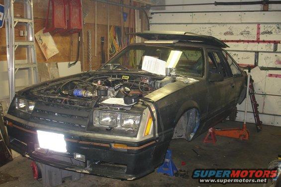 Front view of a 1981 Ford Mustang in a garage with hood open, engine exposed, and front wheels removed