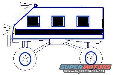 drawing of a van with three windows on the side, lifted on large wheels