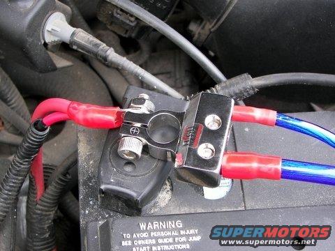 Audio System Installation - Battery Terminal Connections for 8G and 4G Amplifier power wires attached via Power Distribution Battery Terminal