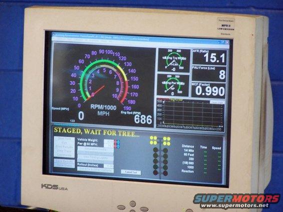 Dyno computer screen showing RPM, speed, AFR, and drag strip lights