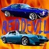 Two muscle cars, one blue and one teal, with flames in the background. Text reads RED DEVIL