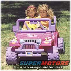 Pink toy jeep front view with two girls